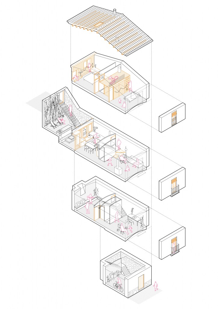 Axonometria explotada, rehabilitació habitatge a Monistrol de Montserrat